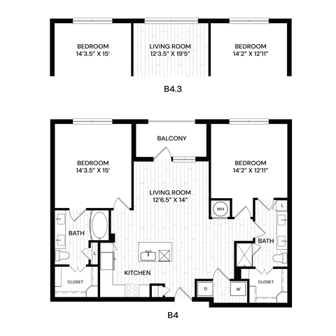 Floor plan for 2 beds, 2 baths, 1264 sqft